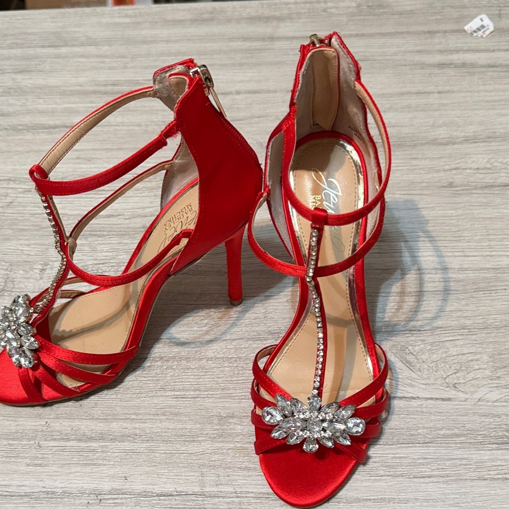 Jewel Badgley Mischka Red Satin Heels with Crystal Accents